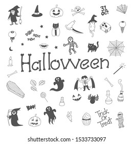 Halloween Drawings Vector Set of Design Elements, black and white, doodle, sticker, cute