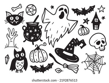 Halloween Drawings vector set of design elements. Set of hand drawn doodle. Pumpkin, ghost, web