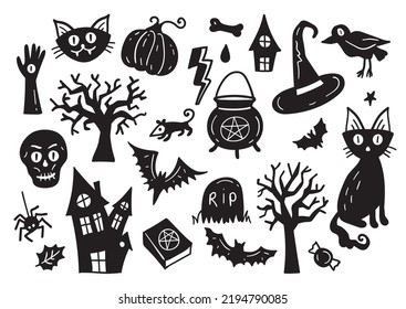 Halloween Dibujos vectores conjunto de elementos de diseño. Un conjunto de garabatos dibujados a mano. Calabaza, fantasma, gato negro