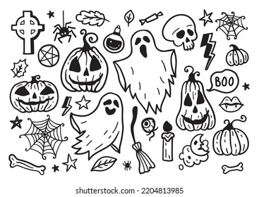 Halloween Drawings vector set of design elements. Set of hand drawn doodle. Pumpkin, ghost, web