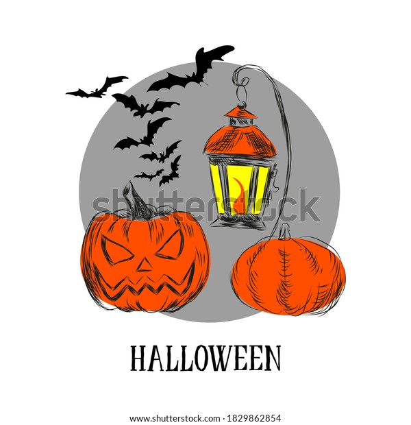 Halloween drawn pumpkin orange\
for the holiday lantern or lantern and the bat for the Halloween\
holiday