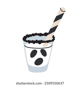 Halloween drink icon, vector illustration of ghost shot for spooky celebration, creepy beverage for horror party, white cocktail in small glass with straw, isolated colored clipart on white background