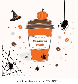 Halloween Drink sign text over paper coffee cup with abstract coffee beans and halloween background vector illustration. Line design hand drawn coffee cup.
