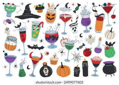 Halloween drinks collection, party cocktails doodles, vector illustration set of glasses with creepy garnishes, sangria with eyeballs, witch heart, vampire kiss, punch with dry ice, spooky celebration