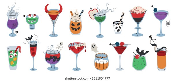 Colección de bebidas de Halloween, espeluznantes cócteles de fiesta, juego de vasos de Ilustración vectorial con guarniciones espeluznantes, sangría con globos oculares, corazón de bruja, golpe con hielo seco, celebración gótica