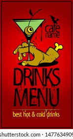 Halloween drinks menu card cover design concept, zombie hand and martini art graphic illustration