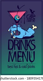 Diseño de la cubierta de la carta de bebidas de Halloween con la mano zombie con cóctel martini