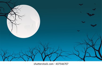 Halloween dry tree and bat silhouette vector illustration