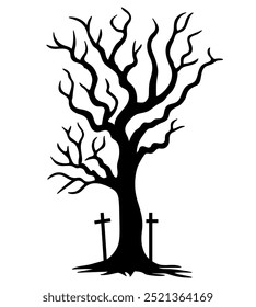 Halloween dry tree black silhouette isolated on white background. Vector illustration