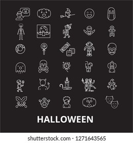 Halloween editable line icons vector set on black background. Halloween white outline illustrations, signs, symbols