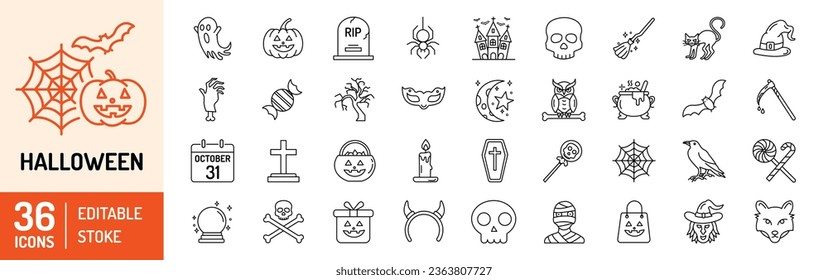 Halloween editable stroke outline Icons set. Pumpkin, ghost, spider, skull, bone, bat, cat, witch, tree, cemetery and evil. Vector illustration