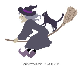 Halloween editable vector illustration element of spooky, cute and fun flying wicked witch, enjoying the ride with a black cat.