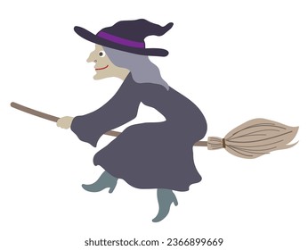 Halloween editable vector illustration element of cute, fun and spooky flying wicked witch on the broom