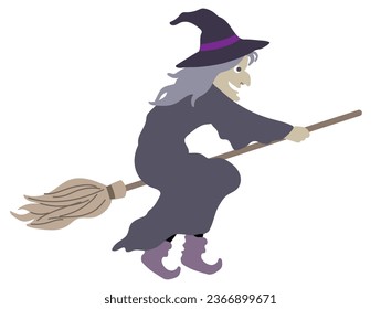 Halloween editable vector illustration element of spooky, cute and fun flying wicked witch on the broom