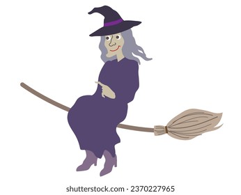 Halloween editable vector illustration element of cute, fun and spooky flying wicked witch in purple costume  pointing left on a  broom