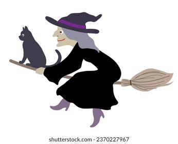 Halloween editable vector illustration element of cute, fun and spooky flying wicked witch in black costume with a cat on the broom