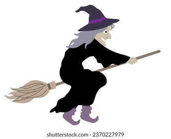 Halloween editable vector illustration element of spooky flying wicked witch in black dress on a broom. cute and fun background material