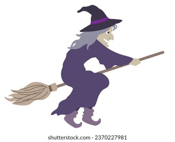 Halloween editable vector illustration element of spooky flying wicked witch in purple costume on a broom. cute and fun background material