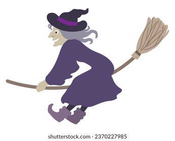 Halloween editable vector illustration element of spooky, cute and fun flying wicked witch in purple dress, enjoying the ride.