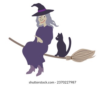Halloween editable vector illustration element of cute, fun and spooky flying wicked witch in purple costume  talking with a cat on a  broom