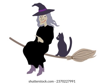 Halloween editable vector illustration element of cute, fun and spooky flying wicked witch in black costume  talking with a cat on a  broom