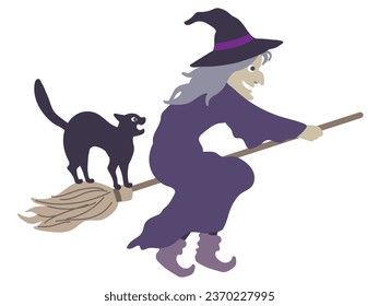 Halloween editable vector illustration element of spooky, cute and fun flying wicked witch in purple costume awith a hissing cat on the broom