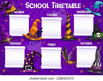 Halloween education timetable schedule, cobweb, ghosts witch and wizard hats, vector lessons plan. Kids school timetable schedule with spooky Halloween ghosts and witch hats with skull and spiders