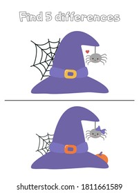 Halloween educational game for children. Find 5 differences. Cute cartoon spider and witch hat. Vector illustration.
