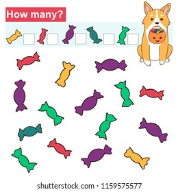 Halloween educational game for children. How many objects task. Counting game. Funny Corgi dog with candies. Vector illustration