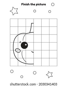 Halloween educational game. Finish the picture. Cute kawaii pumpkin with face. Printable activity worksheet for preschool and kindergarten kids. Vector illustration.
