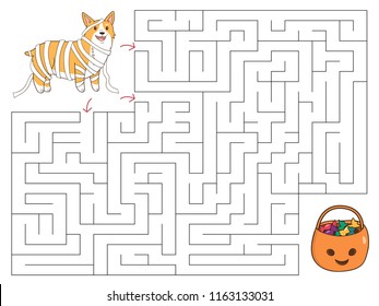 Halloween educational maze game. Help the Corgi dog find the candies. Cute cartoon puppy dressed up as a mummy. Vector illustration.