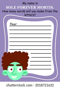 Halloween educational word game with zombie vector illustration. Make as many words as you can by the letters. Words within a word - activity page for children printable colorful page