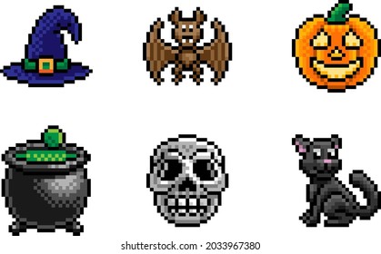 A Halloween eight bit retro video game style pixel art icon set