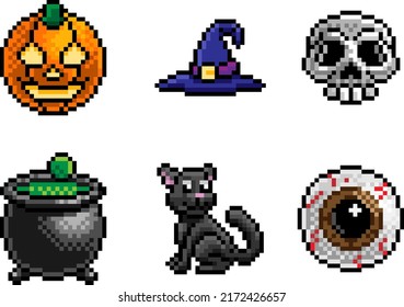 A Halloween eight bit retro video game style pixel art icon set
