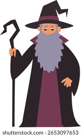 Halloween, Elderly Wizard Staff Cartoon Illustration
