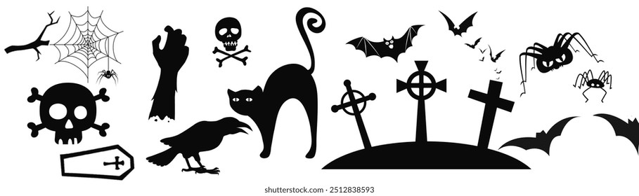 Elemento de Halloween color negro, gato, murciélago 