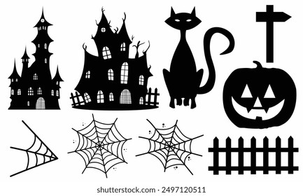 Paquete de silueta negro elemento de Halloween, una colección de la casa encantada de siluetas de Vector de alta calidad con nido de araña, calabazas. Perfecto para añadir un toque misterioso a tus diseños de Halloween.