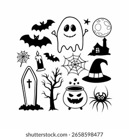 Conjunto de elementos de Halloween en blanco y negro 