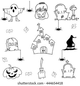 Halloween element castle pumpkins doodle vector art