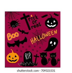 Halloween element and character illustration vector set (spider, bat, Jack O'Lantern, ghost, tomb, black cat, candy, spider web) design for banner, poster, greeting card, party invitation.