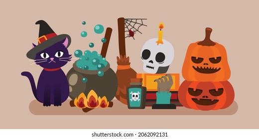 Halloween Element Collection, Cat Magician, Cute Cartoon in Flat Design, Vector, Illustration