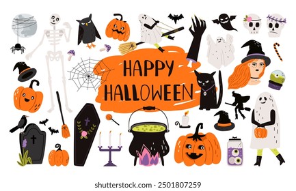 Halloween element collection cobweb, skeleton, witchs cauldron, funny pumpkin hat spider moon bat ghost authors work