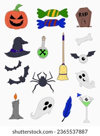 Colección de elementos de Halloween para pegatinas, tarjetas de flash, decoración o fondo. Un simple diseño vectorial.