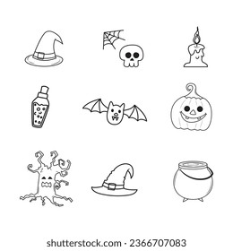 Conjunto de vectores de decoración de elementos de Halloween. Estilo de ilustración de esquema. blanco y negro