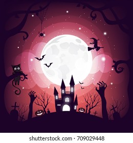 Halloween element design on full moon background with copy space, Trick or Treat Concept, vector illustration