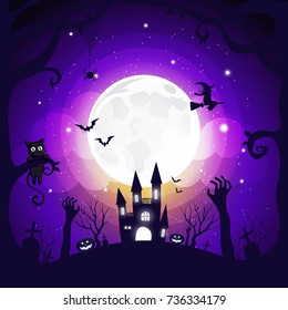 Halloween element design on full moon background with copy space, Trick or Treat Concept, vector illustration