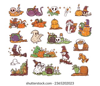 Colección de vectores dibujada a mano por elemento Halloween	