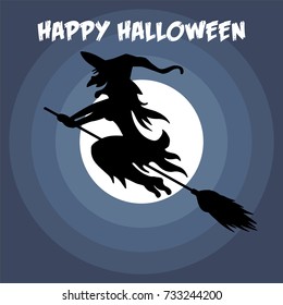 Halloween Element Happy Halloween Witch Flying on the Broom Moon in Background