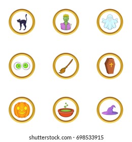 Halloween element icon set. Cartoon style set of 9 halloween element vector icons for web isolated on white background
