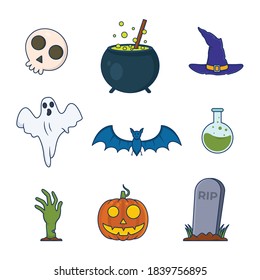Halloween Element Illustration. Illustrations are identical to the Halloween celebration, there are witch hats, skulls, pumpkins, ghosts, spells, tombstones, bats, and zombie’s hands.